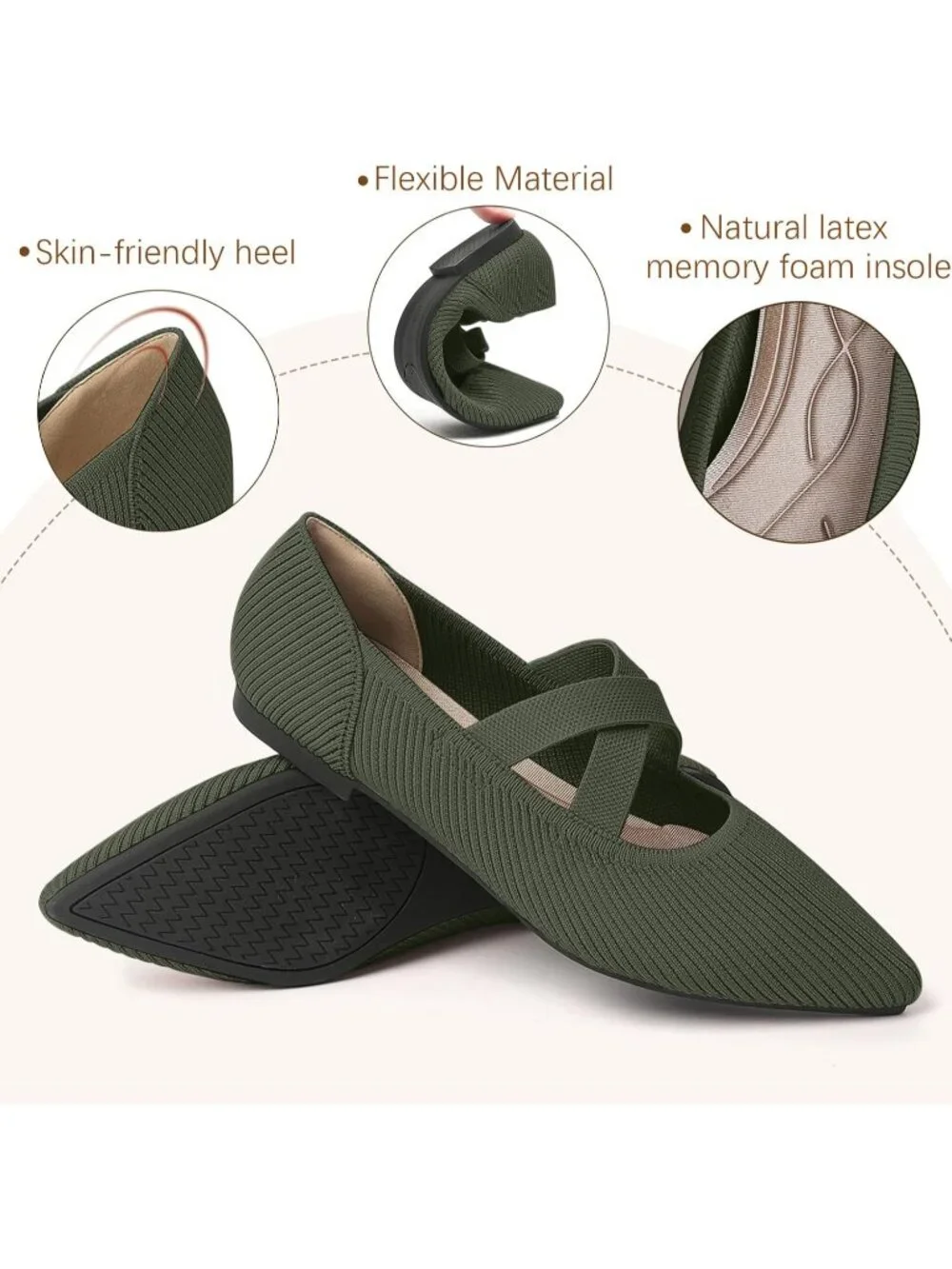 Women's Green Knit Mary Jane Flats Pointed Toe Comfortable Slip On Dressy Shoes